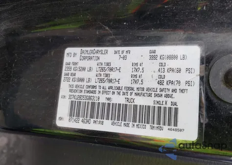2003 Dodge Ram 2500 Slt/Laramie/St z USA, uszkodzony, nr VIN 3D7KU28D53G863110